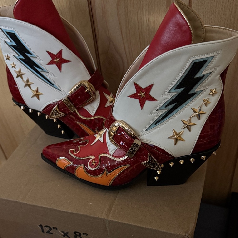 Red and White Star-Studded Ankle Boots